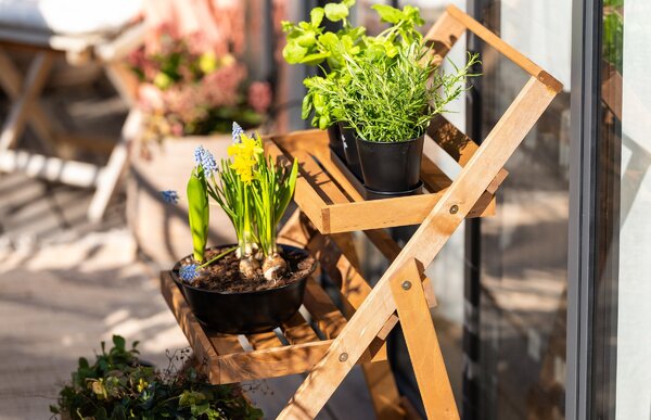 Pavimento del balcone con arredo leggero e piante
