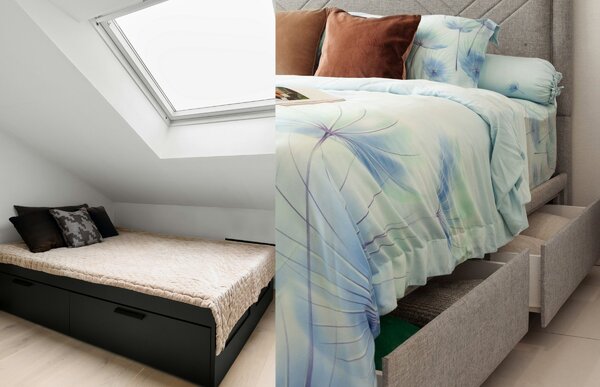 Letto con contenitore e vano di stoccaggio aperto