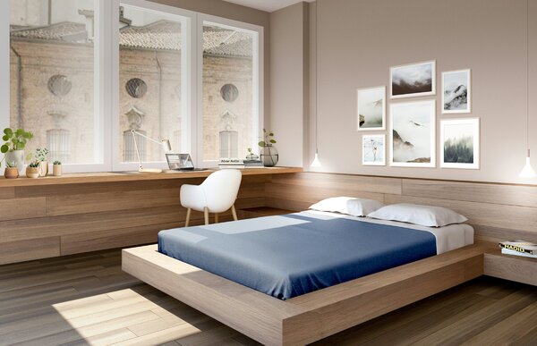 Letto basso a piattaforma in legno con altezza ergonomica