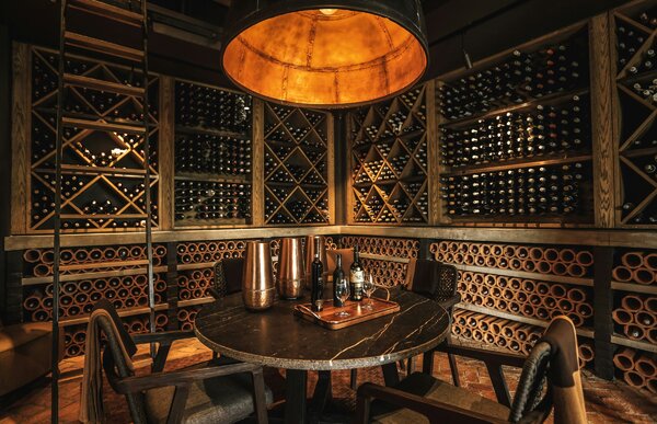 Cantina vino domestica con scaffalature in legno e involucro climatico controllato