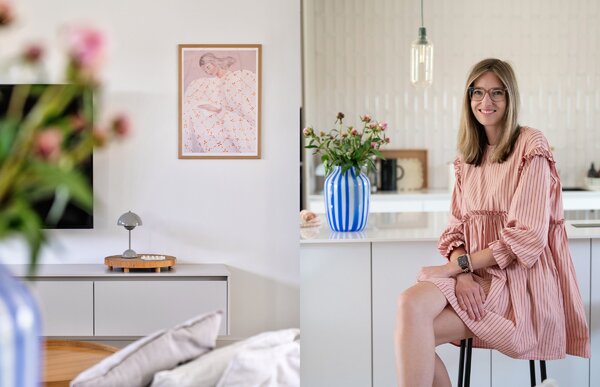 Credenza con decorazioni e fiori freschi