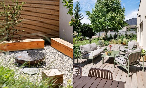 Focolare esterno con panca in legno e salotto da giardino