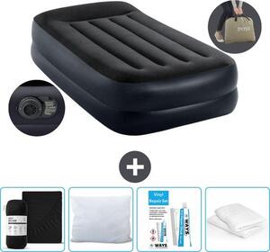 Letto ad aria Intex - 1 persona - 99 x 191 x 46 cm - Blu - Con pompa + lenzuolo nero + cuscino + federe Molton 2 in 1 + set di riparazione