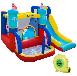 Outsunny Castello Gonfiabile 4 in 1 per Bambini da 3 a 8 Anni con Scivolo, Trampolino, Piscina e Gonfiatore Incluso, 265x260x200cm|Aosom