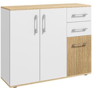 HOMCOM Credenza con 3 porte, 2 cassetti e ripiano regolabile, 90 x 30 x 75,5 cm, Bianco e legno naturale | Aosom Italy