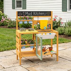 Costway Cucina giocattolo per bambini da esterno con fornelli lavagna serbatoio rubinetto e lavello rimovibile, Cucinetta in legno per bambini 3+ anni