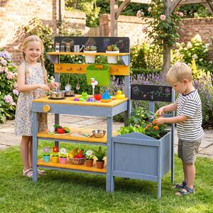 Costway Cucina per bambini in legno con fioriera padella serbatoio lavello 2 vasi di fiori 3 ripiani aperti, Cucina di fango da esterno con accessori per cucinare