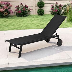 Costway Sdraio patio ruote poltrona reclinabile 6 posizioni schienale regolabile, Sdraio tessuto traspirante prendisole piscina terrazza giardino Nero