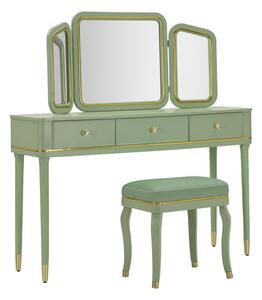 Toeletta Camille con Specchio e Sgabello Verde 120x37x79 cm in Legno di Pino Specchio e Poliestere