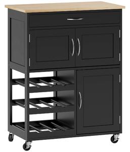 HOMCOM Carrello da Cucina con Ruote e Cassetti, 3 Ante e Portabottiglie Salvaspazio in Legno Multifunzione, 67x37x87cm, Nero e Rovere|Aosom Italy