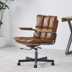 Sedia da scrivania in pelle, dal design ergonomico, con braccioli in legno di quercia, sedia girevole regolabile in altezza e dotata di rotelle, per una persona, ideale per l'ufficio domestico e lo studio
