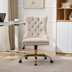 Poltrona da ufficio moderna in velluto color beige, girevole e regolabile in altezza, con cuciture a bottone e struttura in metallo dorato, per una persona, ideale come poltrona da trucco per l'ufficio domestico