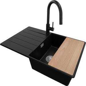 Lavello PRIMAGRAN in granito nero 78x50cm, lavello 1 vasca + rubinetto da cucina 40x20cm + set di scarico + tagliere, lavello da cucina con base da 50 cm - Copenhagen