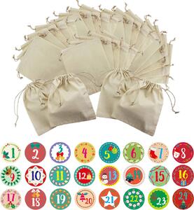 Set per calendario dell'Avvento fai da te Oblique Unique - 24 sacchetti di cotone + 24 adesivi con i numeri per decorare il calendario dell'Avvento e realizzare creazioni fai da te natalizie