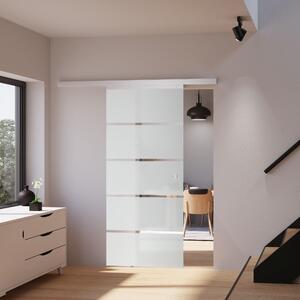 Porta scorrevole in vetro Inova, dimensioni 775 x 2035 mm, con listelli di rinforzo, kit completo con maniglia e sistema di chiusura ammortizzata su entrambi i lati