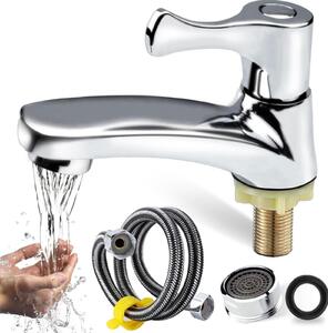 Rubinetto monocomando per acqua fredda, ideale per bagno, con tubo di collegamento da 60 cm e filtro, adatto per cucina, bagno e toilette per ospiti (argento)
