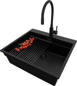 Lavello in granito PRIMAGRAN Tutto nero 58x53cm, lavello 1 vasca + set di scarico + set di accessori da cucina, lavello da cucina da base 60 cm - Oslo Max