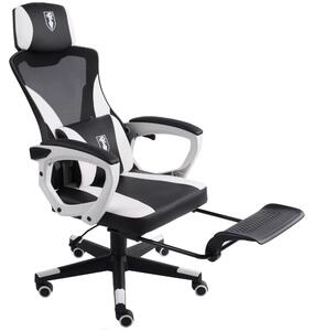 Sedia da gaming dal design moderno in stile racing con poggiapiedi ribaltabile - Sedia da gaming con braccioli regolabili - Sedia da scrivania ergonomica da gaming con cuscino di sostegno aggiuntivo, Colore: Nero/Bianco