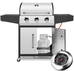 Barbecue a gas - 3+1 bruciatori a gas naturale - 24.000 BTU - acciaio inossidabile - bruciatore laterale e ripiano laterale - struttura a carrello, colore argento