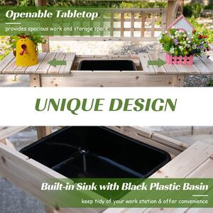 Outsunny Banco Tavolo da Lavoro per Giardinaggio in Legno Naturale con Vaschetta Integrata e Mensole 100x45x140cm