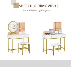 HOMCOM Tavolo per Trucco con Sgabello, Specchio con Luci LED, Scaffale e Cassetti in Legno e Metallo, Bianco e Oro