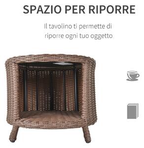Outsunny Tavolino da Giardino Rotondo con Vano Portaoggetti in Rattan PE e Ripiano in Vetro, 51x51x42cm Marrone