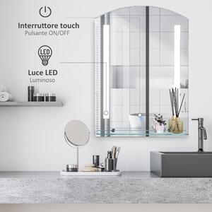 Kleankin Specchio Bagno con Luce LED e Interruttore Touch, Mensola in Vetro e Struttura Alluminio, 50x15.1x70cm Argento