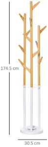 HOMCOM Appendiabiti da Terra di Design con Portaombrelli e 13 Ganci, Metallo e Bambù, 30.5x30.5x174.5cm, Legno e Bianco