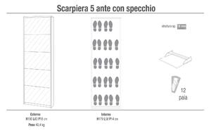 Scarpiera 5 Ante Con Specchio 63x190x18 Cm Ossido Bianco