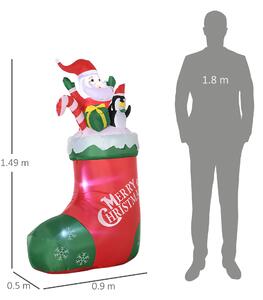 Outsunny Babbo Natale Gonfiabile con Pinguino e Calza Natalizia, Luci LED e Gonfiatore Incluso, 90x50x149cm
