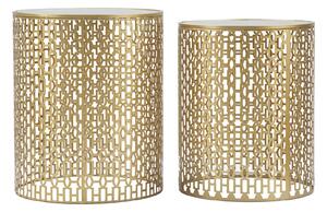 Tavolinetti Coppia Oblin Ø41x50-37,5x47 cm in Ferro MDF e Vetro Oro