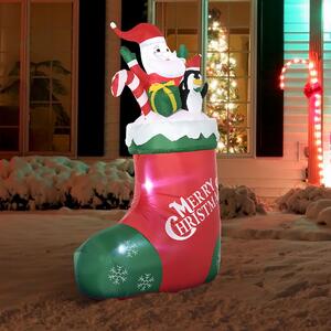 Outsunny Babbo Natale Gonfiabile con Pinguino e Calza Natalizia, Luci LED e Gonfiatore Incluso, 90x50x149cm