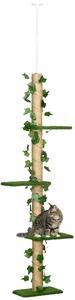 PawHut Albero Tiragraffi per Gatti a Soffitto Alto 202-242 cm Regolabile con Asta di Tensione, Verde
