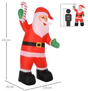 HOMCOM Babbo Natale Gonfiabile 243cm Decorazione Natalizia con Bastoncino di Zucchero, 2 Luci a LED, Impermeabile IP44