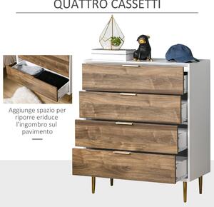 HOMCOM Cassettiera 4 Cassetti con Maniglie e Piedini, Arredamento Moderno Casa in Legno 80x40x93.5cm Bianco e Noce