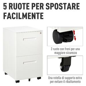 Vinsetto Cassettiera Ufficio con Ruote, Schedario Portadocumenti a 2 Cassetti con Serratura e 2 Chiavi in Acciaio, 39x48x67cm, Bianco