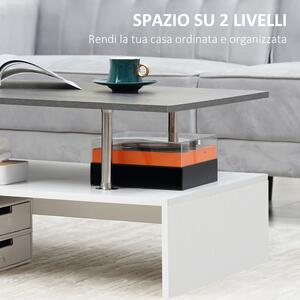 HOMCOM Tavolino da Salotto Moderno a 2 Livelli in Truciolato e Acciaio Inox, 90x60x42 cm, Bianco e Cemento