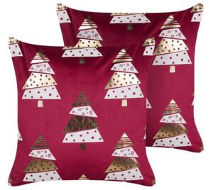Set di 2 cuscini in velluto con stampa alberi di Natale rosso sfoderabili 45 x 45 cm soggiorno camera da letto Beliani