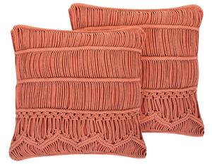 Set di 2 cuscini decorativi in cotone arancione macramè 45 x 45 cm corda Boho Retro Decor accessori Beliani