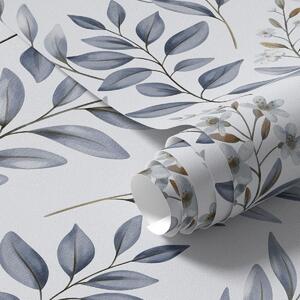 Carta da parati Fogliame blu e piccoli fiori su sfondo bianco, Parati fiori e piante classici, a01231 : Uwalls.it