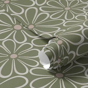 Carta da parati Grandi fiori contornati su sfondo verde, Parati fiori e piante classici, a01234 : Uwalls.it