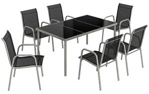 Outsunny Set tavolo e sedie da giardino da 7 pezzi con 6 Sedie Impilabili e Tavolino da Caffèm, Nero e Argento | Aosom Italy
