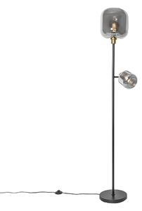Lampada da terra nera con oro e vetro fumé 2 luci - Zuzanna