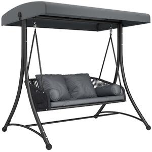 Outsunny Dondolo Stile Hollywood in Rattan 2 Posti con Tetto Parasole Regolabile, Cuscino Morbido, Struttura a Telaio, Grigio Scuro | Aosom Italy