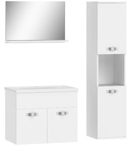 Kleankin Set Mobili Bagno da 4 Pezzi con Lavabo da 60cm in Ceramica, Mobiletto Bagno, Colonna Bagno e Specchiera, Bianco Effetto Legno Goffrato | Aosom Italy