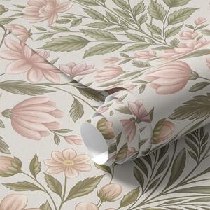 Carta da parati Fiori rosa tenue e foglie verde oliva su uno sfondo chiaro, Parati unica, a01279v2 : Uwalls.it