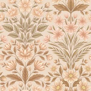 Carta da parati Fiori di pesco e foglie verde oliva su uno sfondo beige, Parati unica, a01279v1 : Uwalls.it
