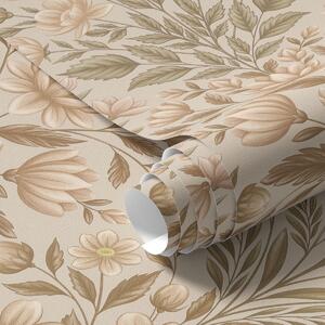 Carta da parati Fiori di pesco e foglie verde oliva su uno sfondo beige, Parati unica, a01279v1 : Uwalls.it