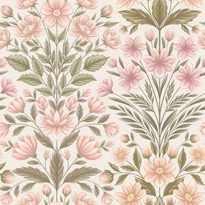 Carta da parati Fiori rosa tenue e foglie verde oliva su uno sfondo chiaro, Parati unica, a01279v2 : Uwalls.it