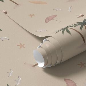 Carta da parati Palme tropicali, uccelli e ombrelli rosa su uno sfondo beige, Parati unica, a01280v2 : Uwalls.it